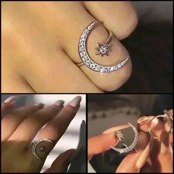 Adjustable Crescent Moon and Star Ring
